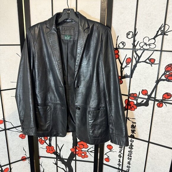 Lauren Ralph Lauren Blazer Jacket Women's S Black Snake Embossed Leather - Picture 1 of 8